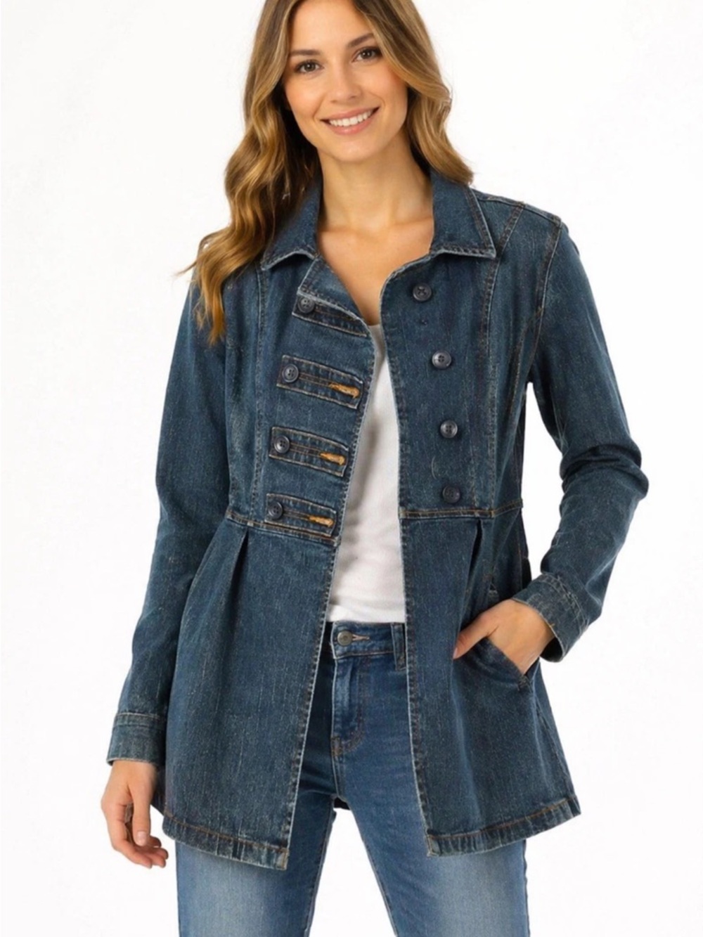 Tulle Denim Military Jacket Women’s S Blue Button Front Fitted Coat